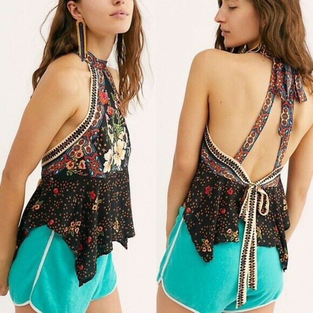 Free People Black Floral Halter Top